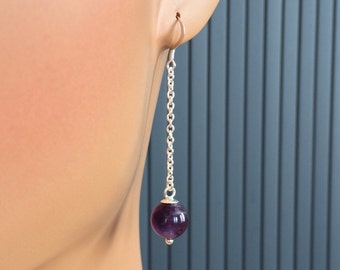 Sterling Silver Round Sphere Amethyst Gemstone Long Drop Earrings.