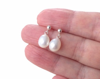 Sterling Silver Freshwater Pearl Drop Stud Earrings