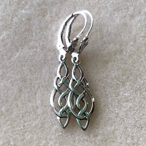 Sterling Silver Long Celtic Knot Lever Back Drop Earrings.