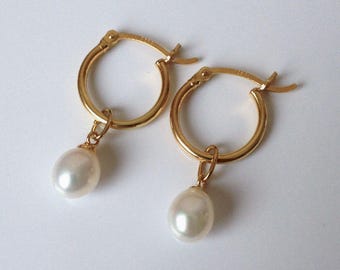18ct Gold over Sterling Silver Freshwater Pearl Drop Creole Hoop Earrings.