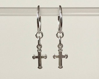 Sterling Silver Gothic Cross Hoop Earrings.