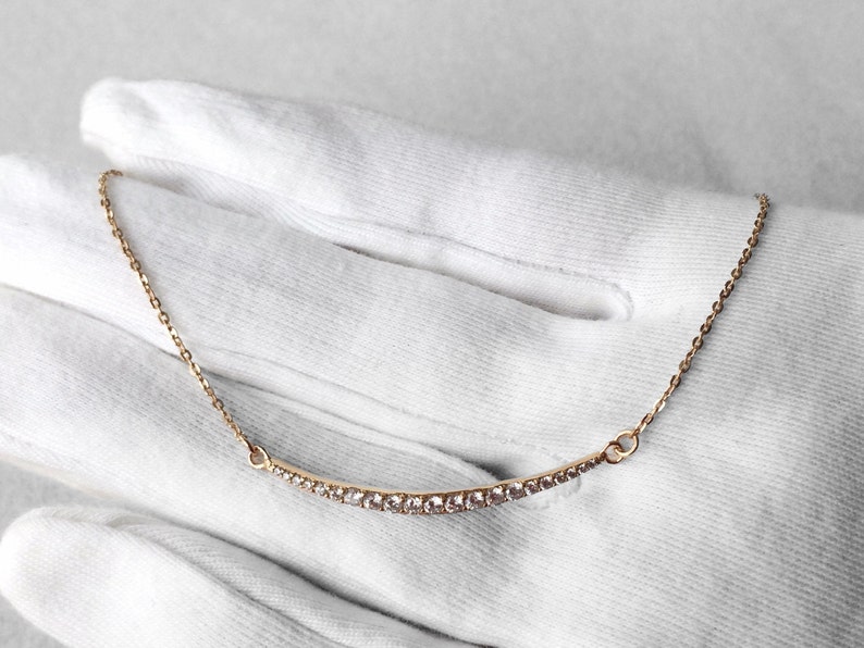 Delicate 18ct Gold over Sterling Silver Crystal Set Curved Bar Necklace.