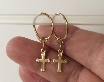 18ct Gold over Sterling Silver Gothic Cross Hoop Earrings.
