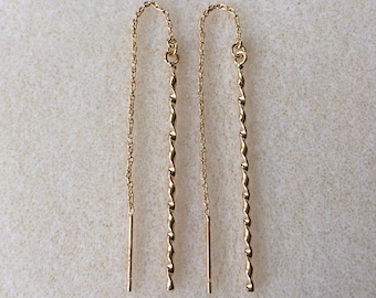 18ct Gold over Sterling Silver Twisted Bar Drop Threader Earrings.