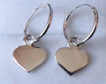 Sterling Silver Heart Drop Hoop Earrings.