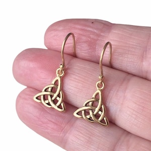 18ct Gold over Sterling Silver Trinity Knot Celtic Triangle Drop Earrings.