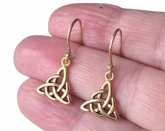 18ct Gold over Sterling Silver Trinity Knot Celtic Triangle Drop Earrings.
