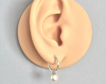 Sterling Silver Freshwater Pearl Drop Huggie Hoop Earrings.