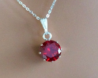 Sterling Silver Garnet Red Pendant Necklace, January Birthstone.
