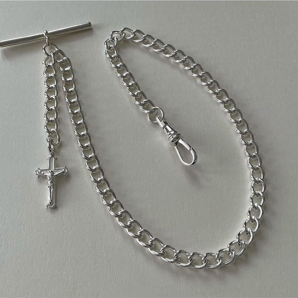 Silver Plated Albert Pocket Watch Chain with Crucifix Cross Fob.