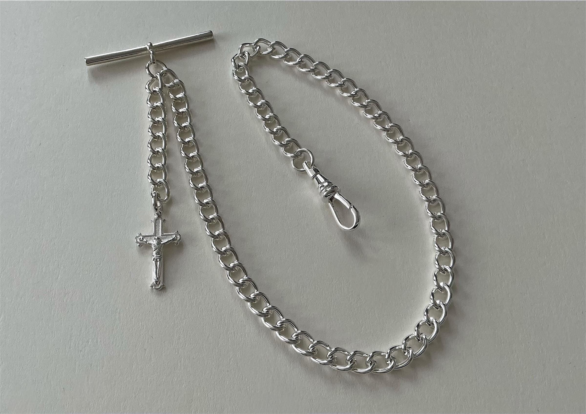Silver Plated Albert Pocket Watch Chain With Crucifix Cross Fob