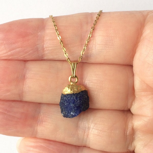 18ct Gold over Sterling Silver Raw Blue Sapphire Pendant Necklace.