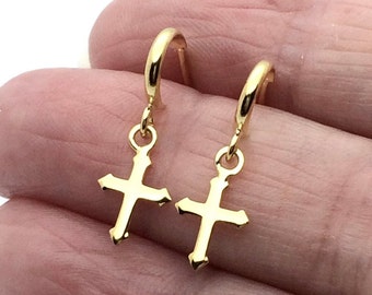 18ct Gold over Sterling Silver Gothic Cross Hoop Stud Earrings.