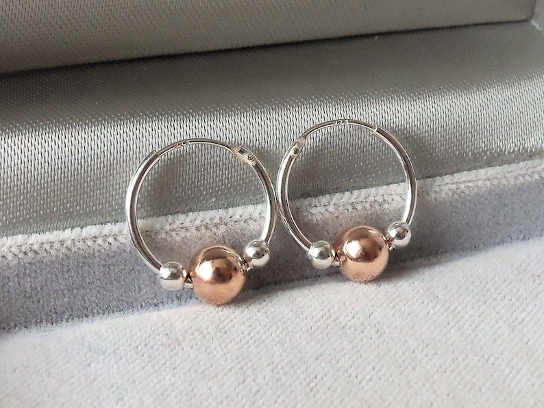 Sterling Silver Sleeper Hoop Earrings with Rose & Silver Beads. image 3