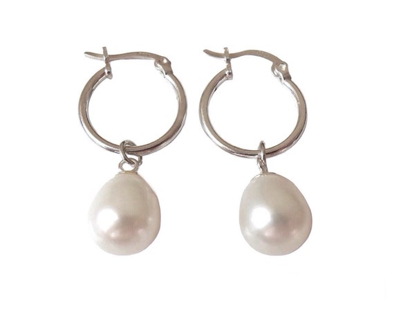 Sterling Silver Freshwater Pearl Drop Creole Hoop