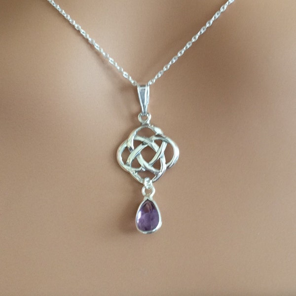 Sterling Silver Celtic Infinity Teardrop Amethyst Pendant Necklace.