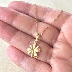May include: A gold chain necklace with a four-leaf clover pendant. The pendant is textured and has a shiny finish.
