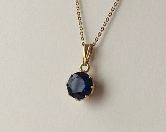 18ct Gold over Sterling Silver 9mm Blue Sapphire Pendant Layering Necklace, September Birthstone.