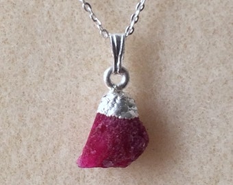 Sterling Silver Raw Ruby Pendant Necklace.