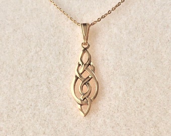 18ct Gold over Sterling Silver Long Celtic Knot Drop Pendant Necklace.
