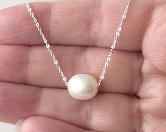 Sterling Silver Floating Freshwater Pearl Necklace.