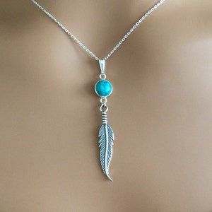Sterling Silver Turquoise Feather Pendant Necklace.