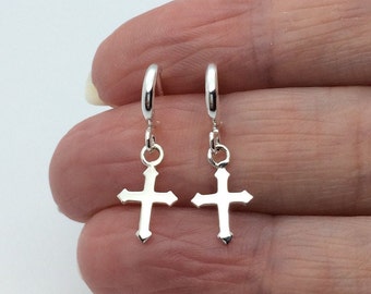 Sterling Silver Gothic Cross Hoop Stud Earrings.