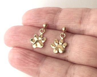 18ct Gold over Sterling Silver Dog Cat Animal Paw Print Stud Drop Earrings.