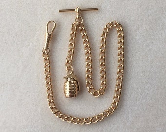 Gold Plated Albert Pocket Watch Chain + Hand Grenade Fob.