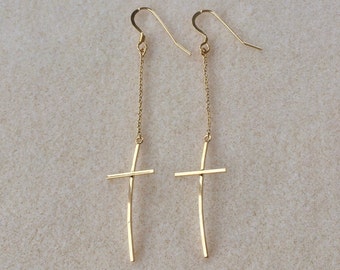 18ct Gold over Sterling Silver Crucifix Cross Dangle Drop Earrings.