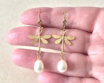 18ct Gold over Sterling Silver Dragonfly & Freshwater Pearl Drop Lever Back Earrings.