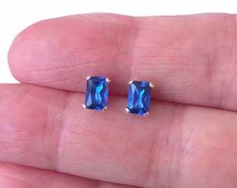 Sterling Silver Emerald Cut Blue Sapphire Stud Earrings September Birthstone.