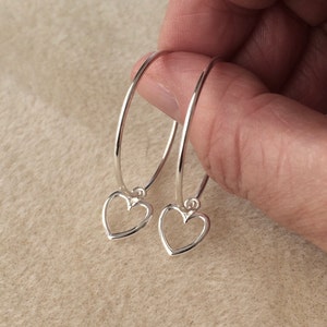 Sterling Silver Open Heart Drop Hoop Earrings.