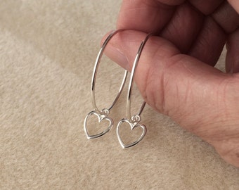 Sterling Silver Open Heart Drop Hoop Earrings.