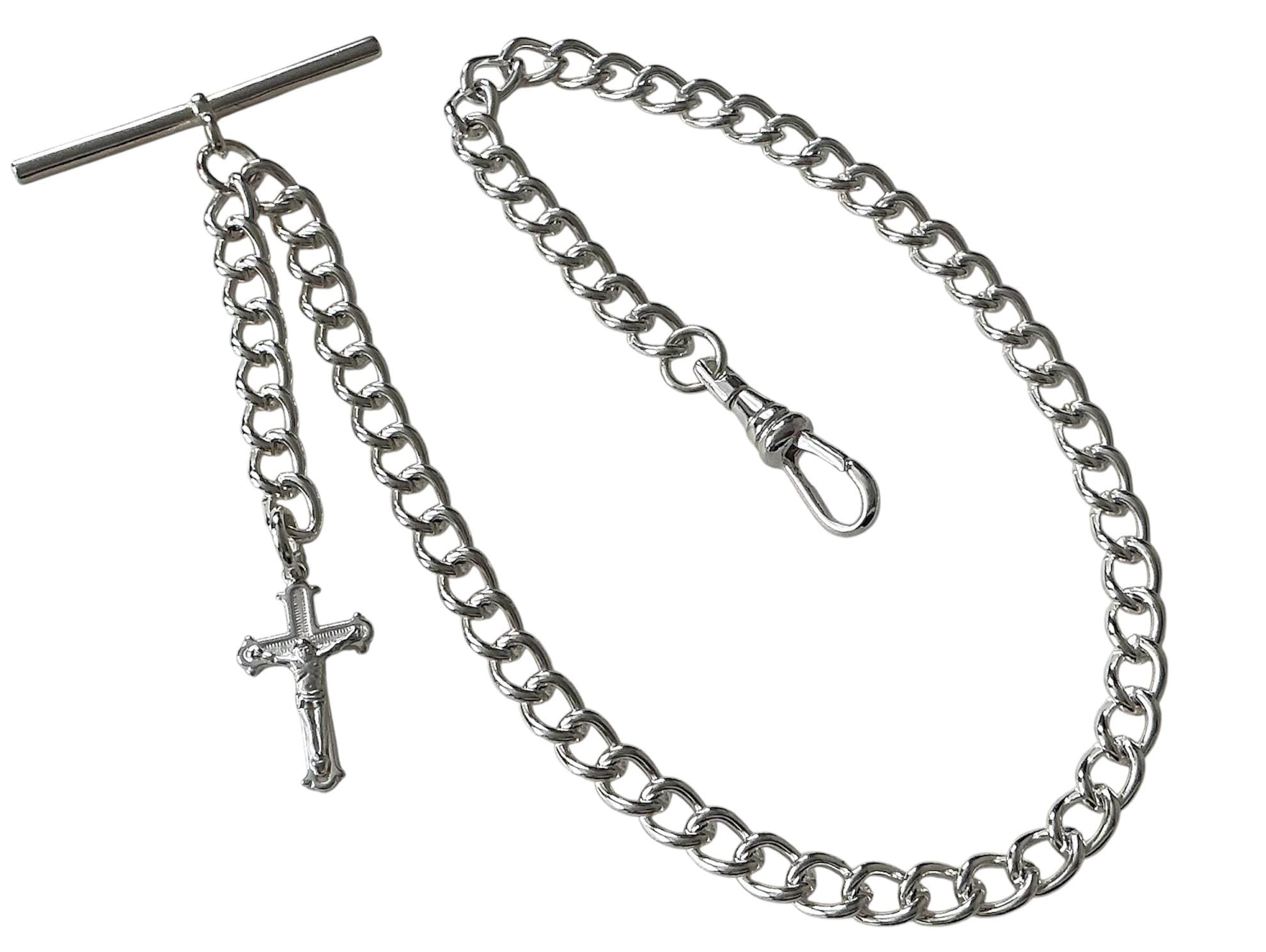 Silver Plated Albert Pocket Watch Chain With Crucifix Cross Fob