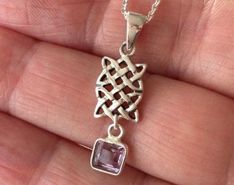 Sterling Silver Square Celtic Knot Drop Amethyst Pendant Necklace.