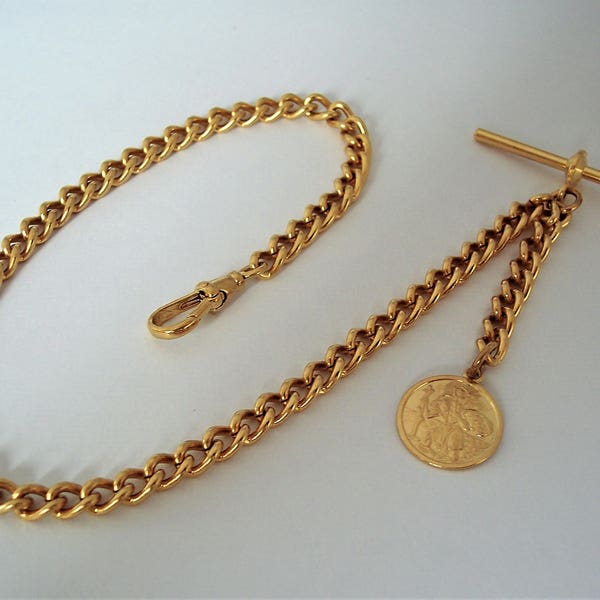 Gold Plated Albert Pocket Watch Fob Chain with St Christopher.