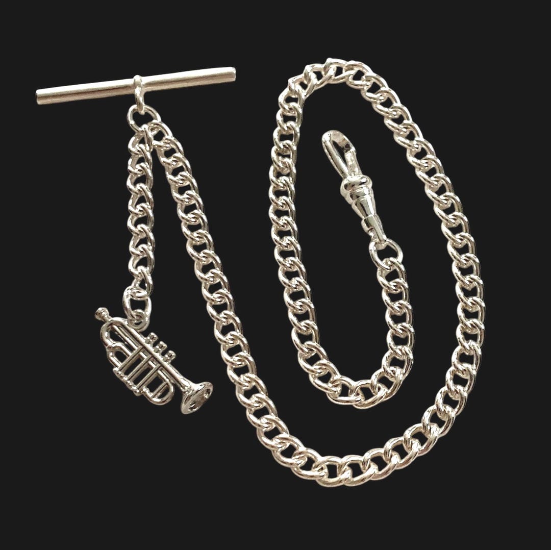 Silver Plated Albert Pocket Watch Chain With Trumpet Fob. - Etsy
