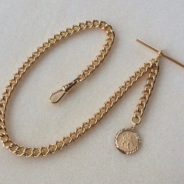 Gold Plated Albert Pocket Watch Chain with St Christopher Fob