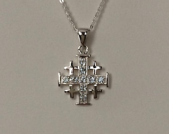 Sterling Silver & Topaz Jerusalem Cross Pendant Necklace.