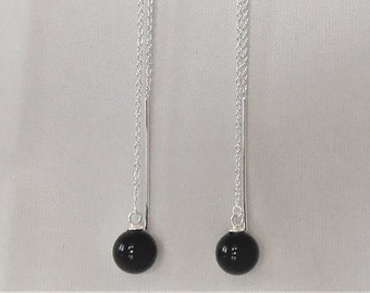 Sterling Silver Black Onyx Ball Sphere Threader Earrings.