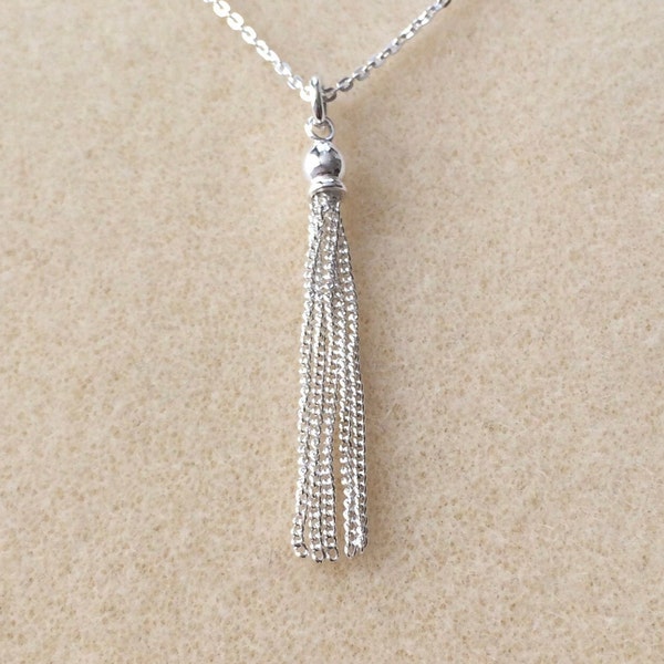 Sterling Silver Long Tassel Drop Pendant Necklace, Tassel Fob Necklace.