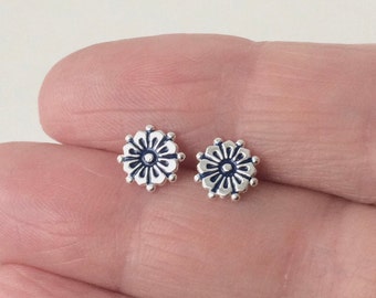 Sterling Silver Blue Enamel Flower Stud Earrings.