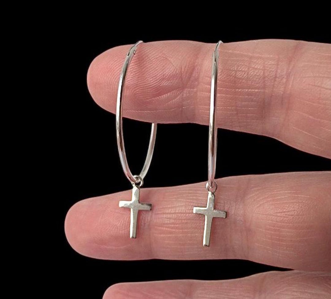 Sterling Silver Simple Minimalist Cross Hoop Earrings. - Etsy