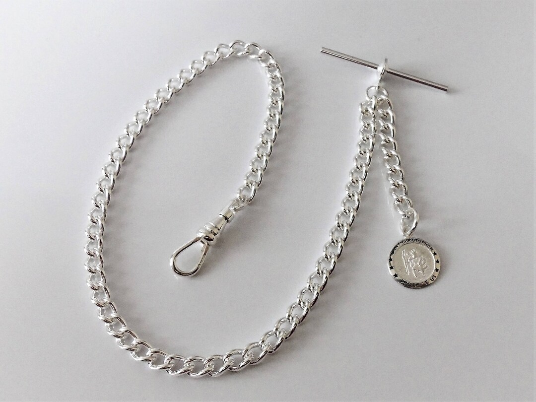 Silver Plated Albert Pocket Watch Fob Chain With St Christopher Fob ...
