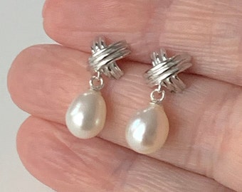 Sterling Silver Freshwater Pearl Knot Stud Earrings.