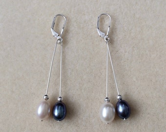 Sterling Silver Lever Back Double Freshwater Pearl Drop Earrings.