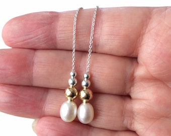 Sterling Silver Freshwater Pearl Threader Earrings.