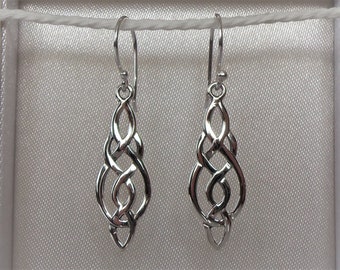 Sterling Silver Long Celtic Knot Drop Earrings.