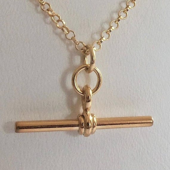 18ct Gold Over Sterling Silver T Bar Pendant & Chain Necklace
